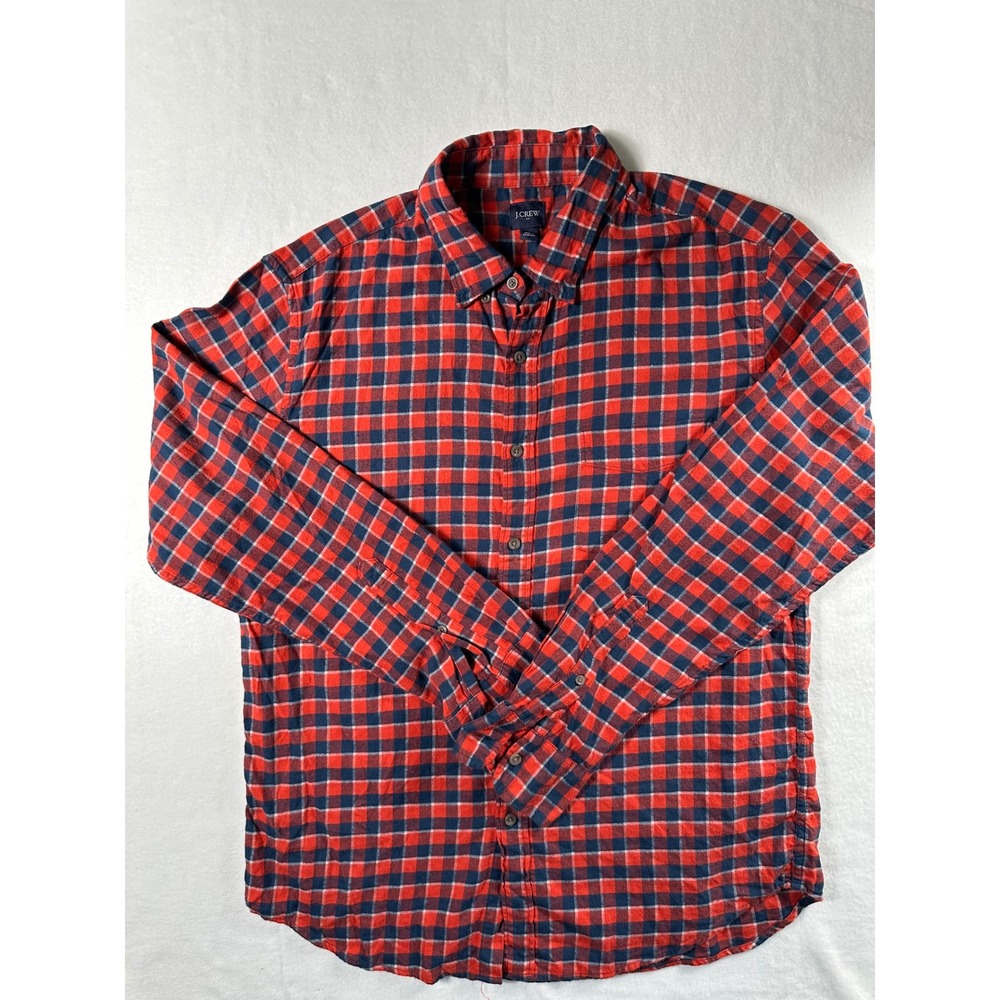 J.Crew Mens Large Red Navy Blue Plaid Flannel Button Down Shirt Cotton L